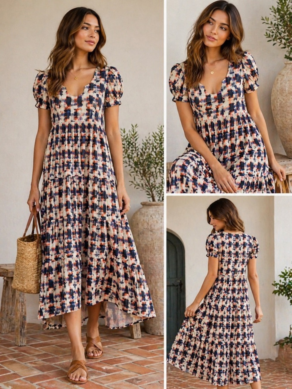 Never A Wallflower Printed Tiered Midi Dress Puff Sleeve Cotton Blend XS